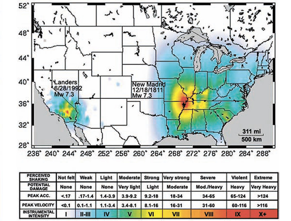 Эта карта сравнивает знаменитое землетрясение 1811–12 гг. «Новый Мадрид» и землетрясение такого же размера <i>Landers</i> 1992 г. Землетрясение в Новом Мадриде охватывает более обширную зону из-за плоского рельефа и отсутствия преград, способных остановить сейсмические волны. Изображение с сайта standeyo.com