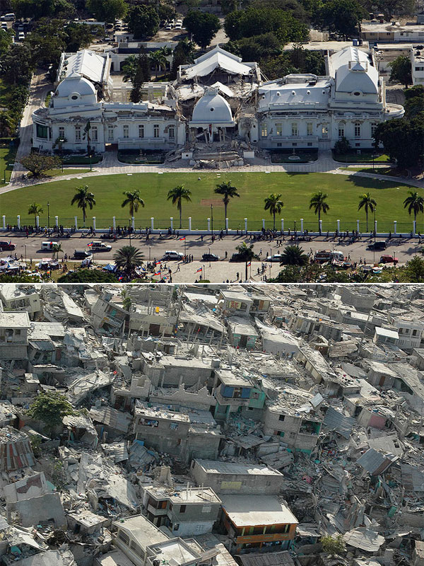 Землетрясение 12 января 2010 года, Порт-о-Пренс, столица Республики Гаити. Разрушенные президентский дворец (вверху) и городские кварталы (внизу). Общее число погибших — 220 тысяч.