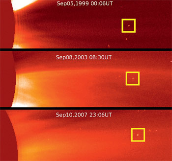 «Касающаяся» комета, регулярно появляющаяся с периодом в четыре года. Снимки с коронографа С2