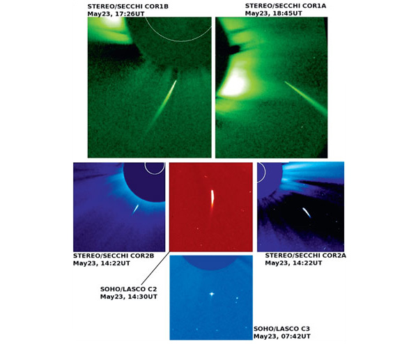 Одна и та же комета SOHO-1476 из группы Крейца на снимках всех шести телескопов со всех трёх космических аппаратов SOHO и STEREO. Снимки сделаны в один день в интервале нескольких часов. В подписях даны названия аппаратов, телескопов и даты снимков.