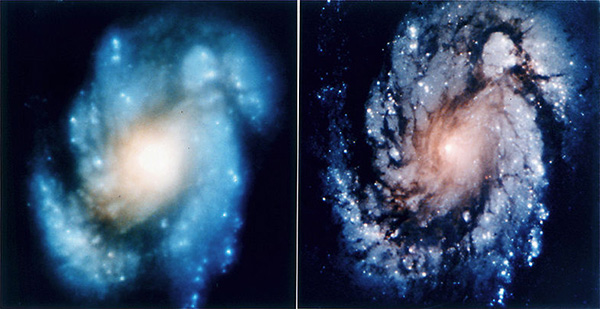 Спиральная галактика М100 в созвездии Волосы Вероники (слева — фотография, сделанная КТХ до установки прибора COSTAR, справа — после его установки). Фото: NASA
