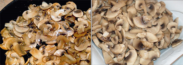 Грибы, обжаренные на оливковом масле: слева — на открытой сковороде, справа — при помешивании под крышкой. Фото с сайта zapisnayaknigka.ru