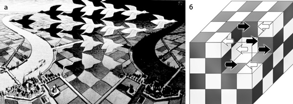 Рис. 1. Антиферромагнетизм. Идею антиферромагнитного упорядочения предвосхитили рисунки Мориса Эшера, например «День и ночь» (а), в соседних узлах кристаллической ячейки магнитные стрелки (моменты) ионов направлены противоположно (б)