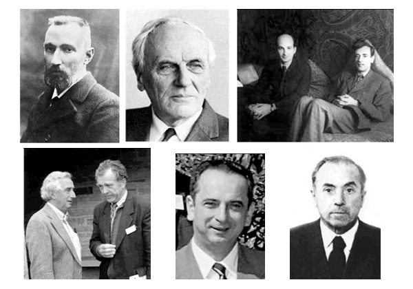 Слева направо: Пьер Кюри (1859–1906), Бернард Теллеген (1900–1990), Л. Д. Ландау (1908–1968) (справа) и Е. М Лифшиц (1915–1985), И. Е. Дзялошинский (слева) и Д. Н. Астров, Джордж Радо, Г. А. Смоленский (1910–1986)