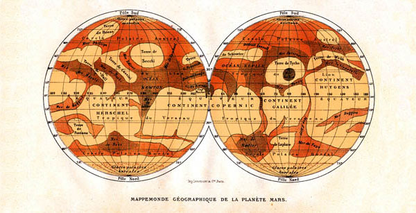 Первая более или менее точная карта Марса, составленная по данным астрономических наблюдений в годы наибольшего сближения Красной планеты с Землей (1877 и 1881). Правда, высокогорья и долины в то время считали морями и континентами. Изображение: «Популярная механика»