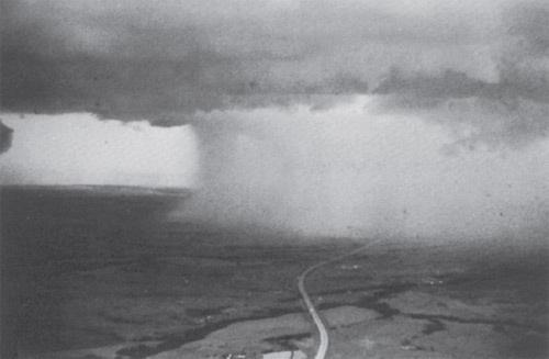 Рис. 4. Левая граница дождя очерчена четко. Для оценки масштаба можно использовать шоссе. Граница дождя изогнута — это следствие геометрии воздушных потоков в зоне. Кроме того, они и по горизонтали закручены. Описать явления вокруг одного облака (с горизонтальным размером в несколько километров) в глобальной модели атмосферы Земли затруднительно. Изображение: «Квант»