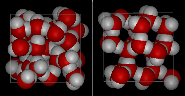 Рис. 9. Сферические модели жидкого (а) и кристаллического (б) состояния молекул воды