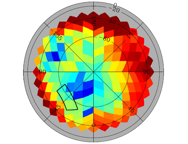 Карта вклада галактической пыли по данным Planck. Выделена часть сектора (слева внизу), соответствующая области, исследованной BICEP2 (из статьи arXiv:1409.5738). Красный цвет соответствует большому вкладу, синий — малому. Видно, что область BICEP2 соответствует зеленому цвету, где вклад пыли не слишком мал