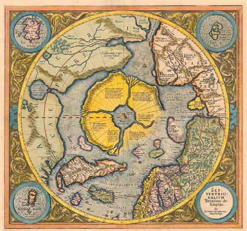 Представления об Арктике известного картографа из Амстердама Меркатора. По каким-то собственным соображениям (возможно, основанным на древних мифах) Меркатор разместил на Северном полюсе огромный остров. Вместе с тем это, по-видимому, первая карта, на которой указано местоположение Северного магнитного полюса. 1595 год. Изображение: «Наука и жизнь»