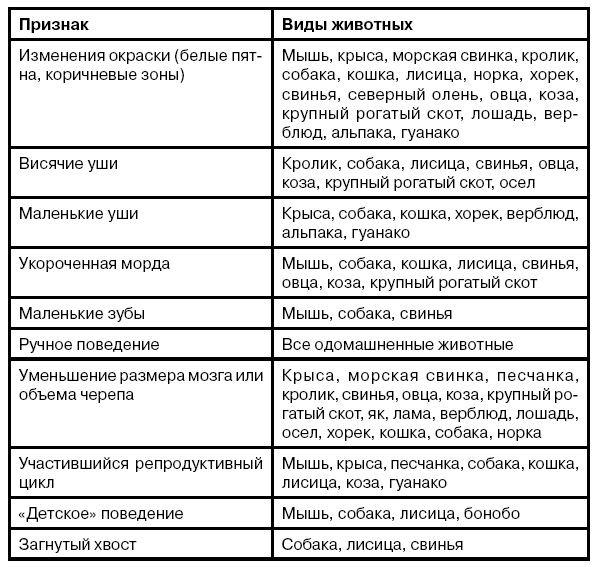 Признаки одомашнивания у разных видов животных