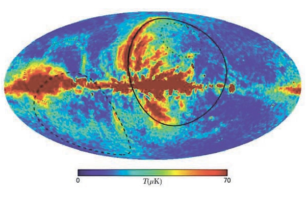 Рис. 1. Карта, отражающая величину поляризации космического фона, снятая WMAP. Контурами показаны оболочки пузырей от Близких взрывов сверхновых