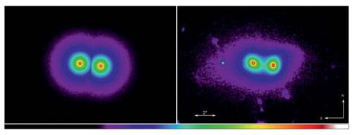 Обработка реального изображения CSL-1 (б), полученного телескопом «Хаббл» (2006), и компьютерное моделирование изображения при линзировании космической струной (а). Изображение: «Популярная механика»
