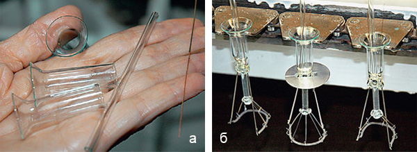 (а) Так выглядят тарелка, штенгель и электрод. Собранные вместе, они станут основой лампы. (б) Ножки с тарелкой, штенгелем, электродами и спиралью на двух держателях собраны. Теперь их можно поместить в колбу. Фото: «Наука и жизнь»