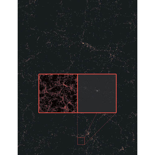 В отдаленном будущем расширение Вселенной, «подгоняемое» темной энергией, приведет к отдалению галактик друг от друга. К примеру, регион размером в миллиарды световых лет, сейчас похожий на паутину и содержащий несколько тысяч галактик размерами с Млечный путь каждая (слева), через пятьдесят миллиардов лет будет казаться почти пустым (справа). Изображение: «Популярная механика»