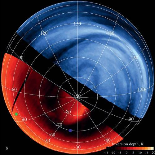 Глазами Venus Express. Венера «глазами» аппарата Venus Express в УФ- и ИК-диапазонах. Левая часть показывает температурную инверсию облачности в верхней части атмосферы, заснятую в ИК-диапазоне спектрометром VIRTIS на ночной стороне планеты (темные пятна – это холодные облака). Справа — структура облаков в УФ-диапазоне на дневной части Венеры, снятая с помощью инструмента Venus Monitoring Camera. Изображение: «Популярная механика»