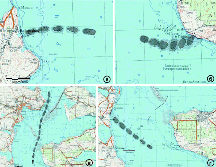 Положение и конфигурация пятна сырой нефти после разлива на якорной стоянке у входа в Керченский пролив зависят от преобладающих течений и конкретных ветровых ситуаций: а, б - траектории нефтяного разлива при азовском потоке, восточном и западном ветре соответственно; в, г - то же при черноморском потоке, южном и восточном ветре соответственно, силой 10 м/с. Цифры у пятен - время (в часах) после разлива. Расчет по гидродинамической модели SPILLMOD выполнен С. Н. Овсиенко, С. Н. Зацепой, А. А. Ивченко