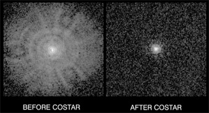 Сравнение изображений, получаемых с помощью «Хаббла», до и после установки преобразователя COSTAR (фото с сайта hubblesite.org)