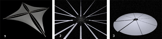 Возможные конструкции солнечных парусов (изображение с сайта www.solarsails.info)