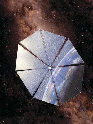 Воплощение того, что когда-то казалось фантастикой. Cosmos-1 в полете. На парусах отражается Земля (©The Planetary Society, рисунок с сайта www.planetarysociety.org)