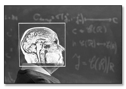 Ульф Гренандер, профессор прикладной математики. Магнитно-резонансное изображение мозга. Доска с математическими формулами, описывающими отображение объектов с помощью теории паттернов. Университет Браун. Род Айленд. Февраль, 1995 год (фото с сайта www.foraste.com)