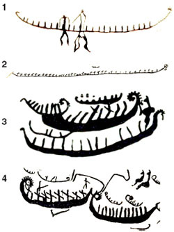 Свидетельства древнейшего судоходства на Каспии. Наскальные рисунки лодок на побережье Каспия в районе Гобустана: 1,2 — плоскодонные лодки, возраст 8–9 тыс. лет и 3,4 — морские суда 7–8 тыс. лет назад (изображение с сайта www.sciam.ru)