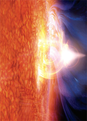 За несколько минут внезапные взрывы в солнечной атмосфере высвобождают энергию, эквивалентную миллиардам атомных бомб. Причина — резкая перестройка солнечных магнитных полей, которые изгибаются над поверхностью Солнца дугами, заметными по волокнам горячего газа, захваченного магнитным полем (фото с сайта www.sciam.ru)