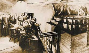 Во время пуска первого в мире ядерного уран-графитового котла, построенного в Чикаго в декабре 1942 года, фотографировать было запрещено. Память об этом событии оставил художник (изображение: «Наука и жизнь»)