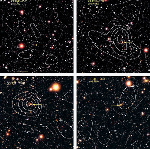 Измеряя интенсивность света от объектов «позади» этих скоплений, можно рассчитать их полную массу и ее распределение (показано белыми контурными линиями). Учитывая регистрируемое излучение, можно вычислить долю массы, вносимую темной материей (изображение: «Популярная механика»)