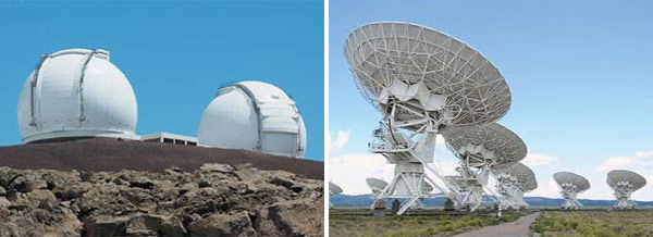 Наземные оптические телескопы Кека с диаметром главного зеркала 10 метров, построенные на вершине горы Мауна Кеа на Гавайях, работают совместно, образуя интерферометрическую систему (слева). Радиотелескоп-интерферометр в штате Нью-Мексико (США). Массив из 27 радиотелескопов с антеннами диаметром 25 м используется для исследования Меркурия, поиска микроквазаров и наблюдения за другими космическими объектам (справа). Изображение: «Наука и жизнь»