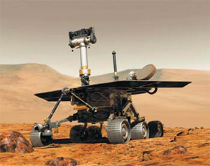 На рисунке — марсоход Spirit, который, исследуя поверхность Красной планеты, проехал уже более 3 км. Иллюстрация NASA. Изображение: «Наука и жизнь»