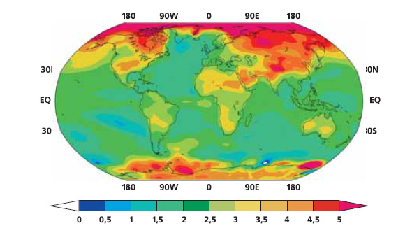 Отклонения среднегодовых значений температуры приземного воздуха (в °С) для сценария А1В осредненных за 2080—2099 гг. по сравнению с 1980–1999 гг. в модели ИВМ. Изображение: «Экология и жизнь»