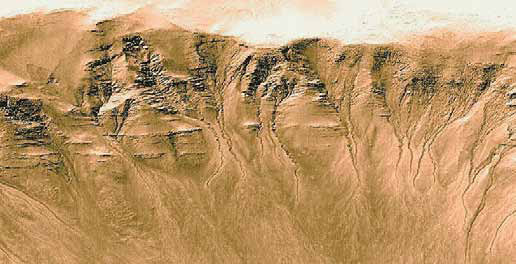 Рис. 13. Склон небольшого кратера в том же районе (кратер Ньютона), что и на рис. 10, с многочисленными извилистыми оврагами и осыпями сыпучего материала на дне. (MGS MOC Release No. MOC2-317. NASA/JPL/MSSS.) Извилистые овраги свидетельствуют, вероятно, о каменистом склоне. Изображение: «Наука и жизнь»