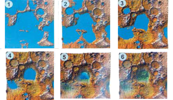 Рис. 8. Моделирование процесса постепенного обмеления и пересыхания водоёмов на Марсе в первые миллиарды лет его истории. Район 35°S, 177°W, 500х 600 км. Фрагмент 1 соответствует древнему тёплому климату, фрагмент 6 — современным условиям. Из работы Pablo, Marquez & Centeno. Изображение: «Наука и жизнь»
