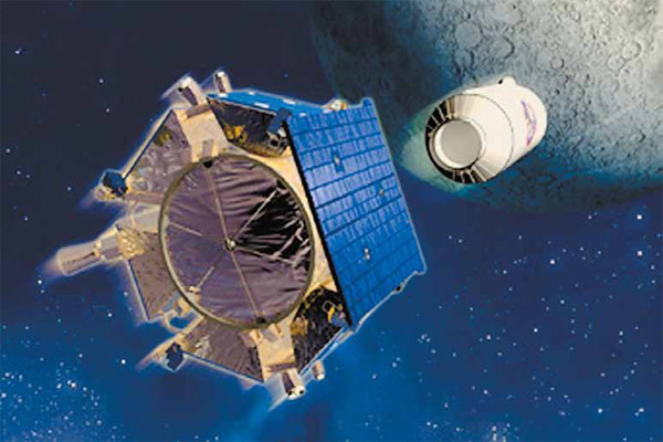 АМС «LCROSS» и «Центавр» — ступень ракеты «Атлас-V». 9 октября 2009 года эти две «бомбы» были сброшены на поверхность Луны, в кратер Кабео. Иллюстрация NASA