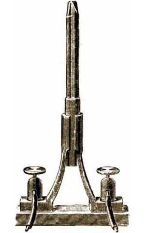 Дуговая лампа, запатентованная П. Н. Яблочковым в 1876 году. Изображение: «Наука и жизнь»