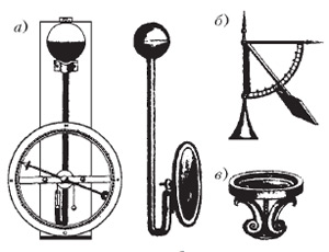 Рис. 1. Метеорологические приборы, которые использовал Р. Гук в середине XVII века: барометр (а), анемометр (б) и компас (в) определяли давление, скорость и направление ветра как функции времени, разумеется если были часы. Для того чтобы разобраться в причинах и свойствах движения атмосферного воздуха, были нужны многочисленные и достаточно точные измерения, а следовательно, достаточно дешевые и точные приборы. Изображение: «Квант»