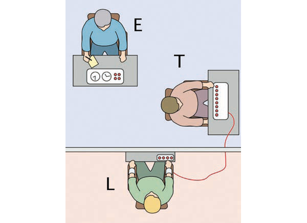 Экспериментатор (E) требовал от «учителя» (T) давать «ученику» (L) простые задачи на запоминание и при каждой ошибке «ученика» нажимать на кнопку, якобы наказывающую «ученика» ударом тока (на самом деле актер, игравший «ученика», только делал вид, что получает удары). Начав с 15 в, «учитель» с каждой новой ошибкой должен был увеличивать напряжение на 15 в, вплоть до 450 в. Изображение: «Троицкий вариант»