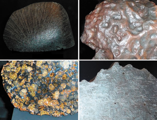 Рис. 1. Коллекция метеоритов Смитсонианского музея натуральной истории (Вашингтон). Слева вверху: каменный марсианский метеорит со следами плавления в атмосфере. Слева внизу: палласит, железокаменный метеорит. Справа вверху: металлический метеорит, покрытый характерными вмятинами из-за частичного расплавления. Справа внизу: видманштеттеновы фигуры на срезе металлического метеорита. Фото автора