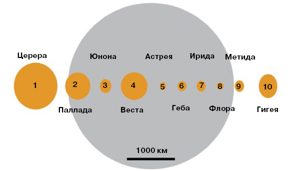 Десять астероидов, расположенные в порядке их открытия. Для наглядности астероиды показаны в масштабе кружочками соответствующего размера на фоне круга с диаметром Луны. NASA