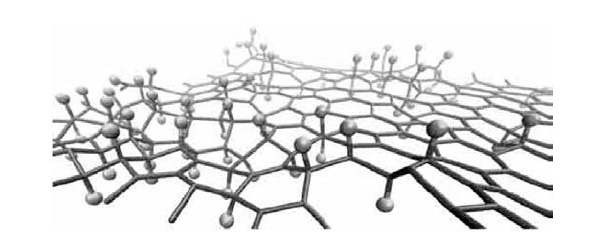 <b>Рис. 4.</b> Изометрическая проекция структуры графана, полученная методом молекулярной динамики; видна неоднородность материала, чистые графеновые участки между гидрированными островками