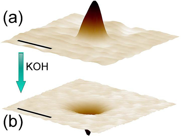 Поверхность материала после обработки лазерным излучением и последующего травления щелочью. Фото: Shakhov, A., Astafiev, A., Gulin, A., & Nadtochenko, V. (2015) («Коммерсантъ Наука» №1, февраль 2017)
