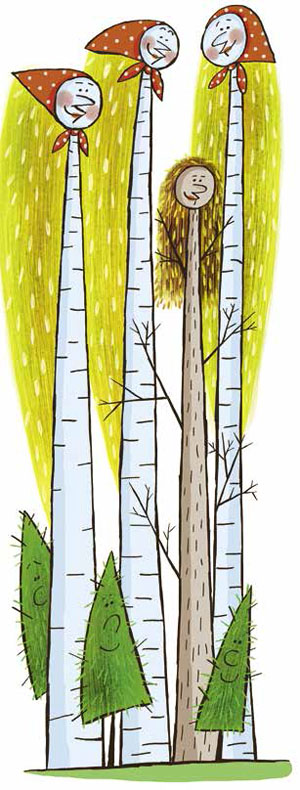 Березы и ели. Художник Инга Коржнева («Квантик» №5 и №6, 2016)