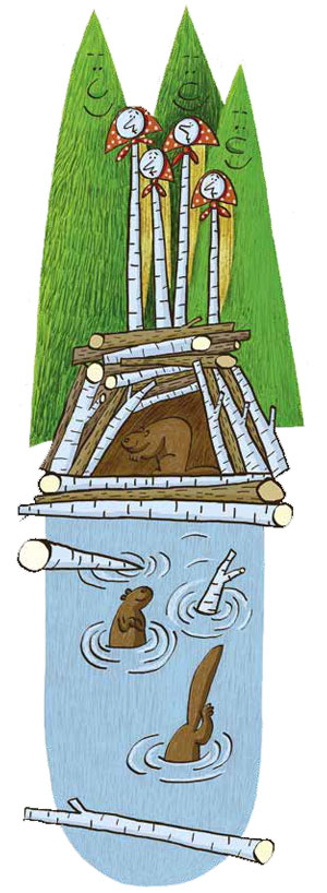Бобровая хатка. Художник Инга Коржнева («Квантик» №5 и №6, 2016)