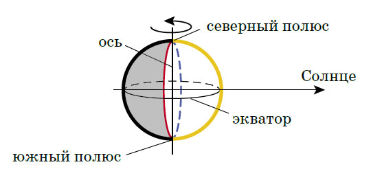 Рис. 2. Красная линия показывает все точки, в которых сейчас восход, синяя — все точки, где сейчас закат, на жёлтой линии везде полдень («Квантик» №6 и №7, 2016)