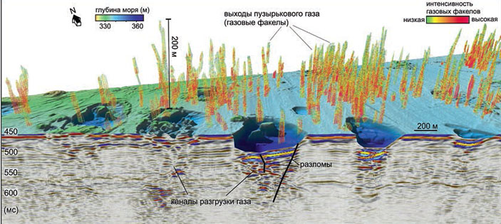 Рис. 2. Выделения пузырькового газа (газовые факелы) и система подводящих разломов в троге Бьернойренна («Коммерсантъ Наука» №6, сентябрь 2017)
