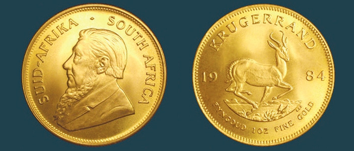 Рис. 7. Крюгерранд. На монете — изображение Пауля Крюгера (президент ЮАР в 1883–1900 годах), антилопы и надпись на африкаанс и на английском «1 унция высокопробного золота» («ТрВ» №1(245), 16.01.2018)