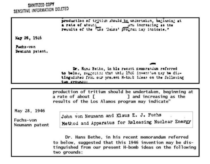 Рассекреченная (с купюрами) американская хронология создания термоядерной бомбы и название рассекреченной заявки на патент К. Фукса, Дж. фон Неймана 1946 года («ТрВ» №4(248), 27.02.2018)
