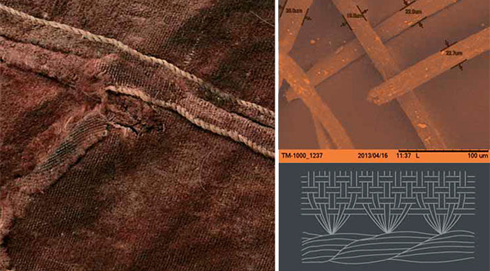 С помощью сканирующей электронной микроскопии фрагмента ноговиц удалось изучить волокна, из которых была выткана ткань («Наука из первых рук» №6(60), 2014)