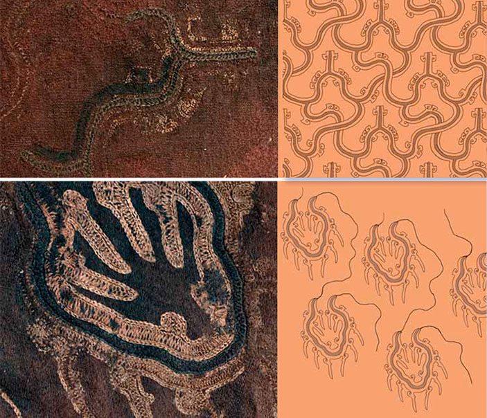 Фрагменты орнамента, вышитого шелком на шерстяной ткани ноговиц из 22-го ноин-улинского кургана («Наука из первых рук» №6(60), 2014)