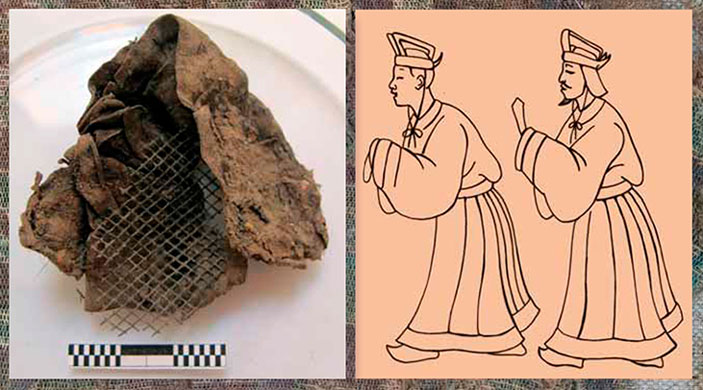 Фрагмент лаковой сетки и шелковой ткани от головного убора «гуань». Изображения китайских чиновников в подобных головных уборах («Наука из первых рук» №6(60), 2014)